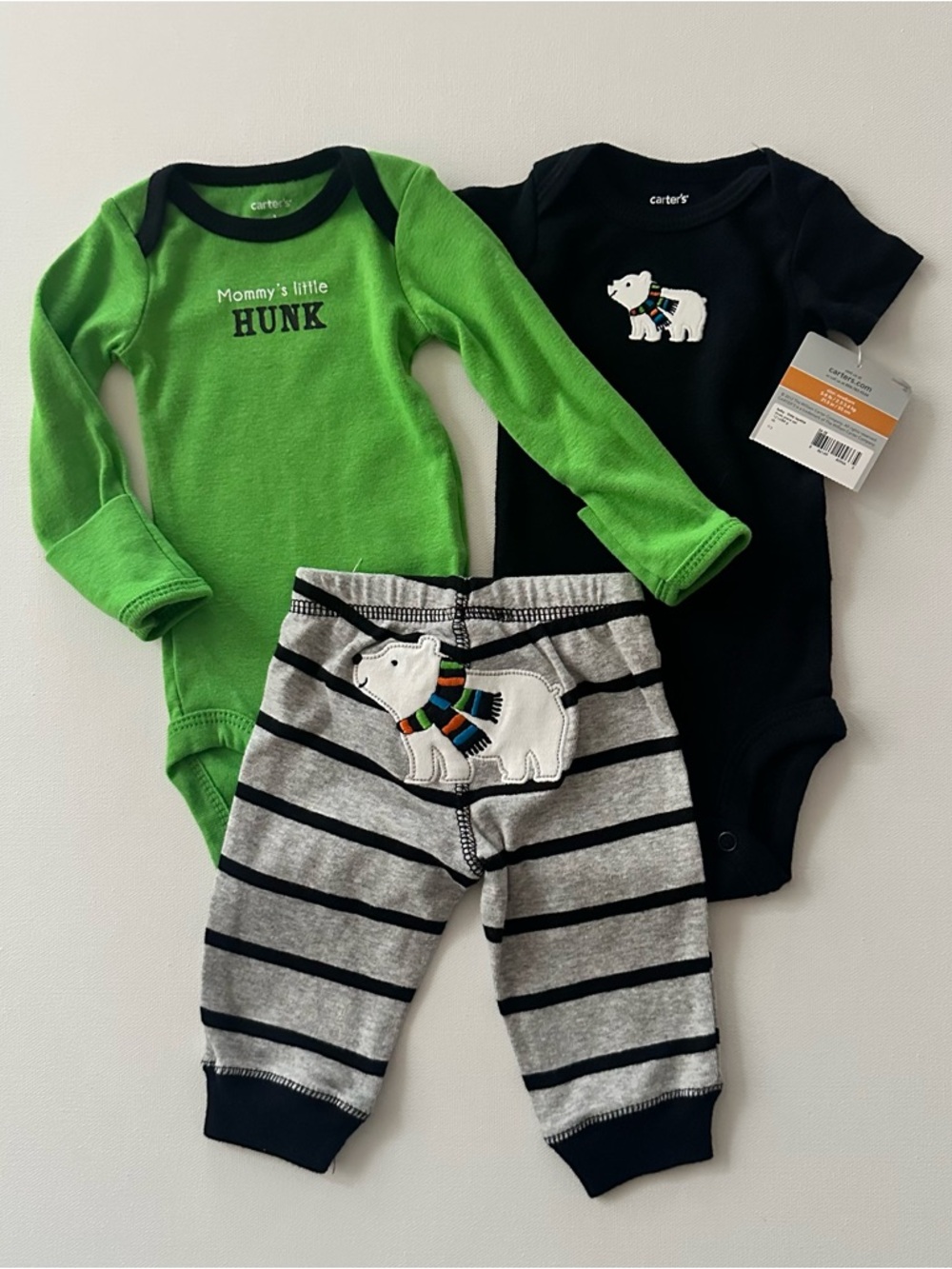 Carter's Newborn Baby Boy Polar Bear 3-Piece Bodysuit & Pants Set Green Black